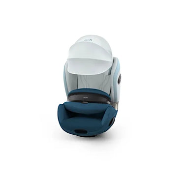 Front view of the CYBEX Anoris S airbag car seat in Opal Blue with the XXL sun canopy extended