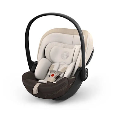 CYBEX Cloud S i-Size rotating baby car seat in Amber Brown Style fabric with carry handle raised