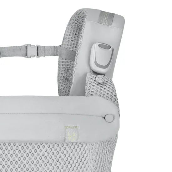 Close-up of the Cybex Laya Baby Carrier shoulder strap buckle and adjustment mechanism in Light Grey