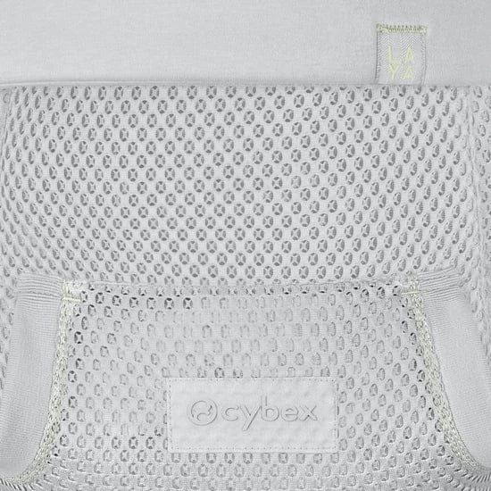 lose-up of the Cybex Laya Baby Carrier mesh back panel in Light Grey, showing open-weave breathable fabric and embossed Cybex logo