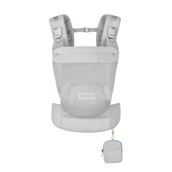 Cybex Laya Baby Carrier in Light Grey, front view showing full mesh body panel, padded shoulder straps, waist belt, and storage pouch