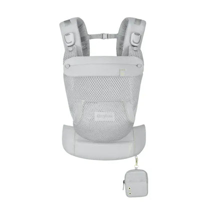Cybex Laya Baby Carrier in Light Grey, front view showing full mesh body panel, padded shoulder straps, waist belt, and storage pouch