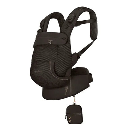 Cybex Laya Baby Carrier in Chocolate with gold contrast stitching, three-quarter view with mesh body panel and storage pouch