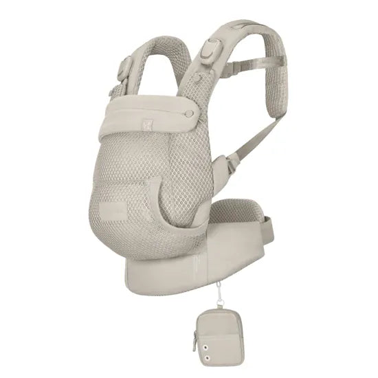 Cybex Laya Baby Carrier in Dune Grey, three-quarter view showing ergonomic mesh body, adjustable hood, and mini pouch accessory