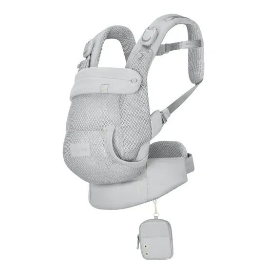 Cybex Laya Baby Carrier in Light Grey, three-quarter view showing breathable mesh carrier body, padded hood, and mini storage pouch