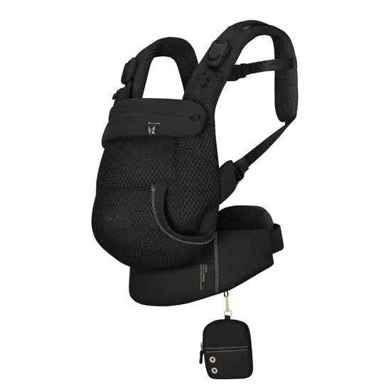 Cybex Laya Baby Carrier in Black with contrast stitching, three-quarter view showing mesh panel, padded shoulder straps, and attached storage pouch