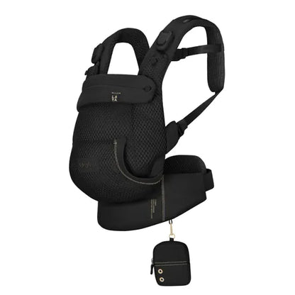 Cybex Laya Baby Carrier in Black with contrast stitching, three-quarter view showing mesh panel, padded shoulder straps, and attached storage pouch
