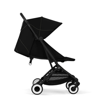 Black stroller with canopy on a white background