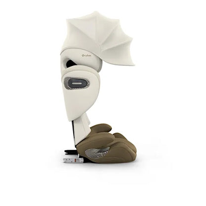 Side view of the CYBEX Solution S booster seat with the XXL UPF50+ sun canopy and reclining headrest