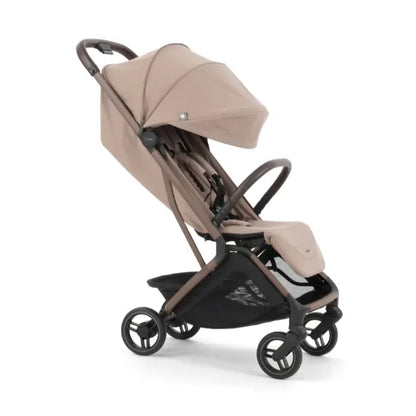 Oyster F-Lite Compact Stroller in Taupe, three-quarter view with extendable UPF50+ canopy pulled forward