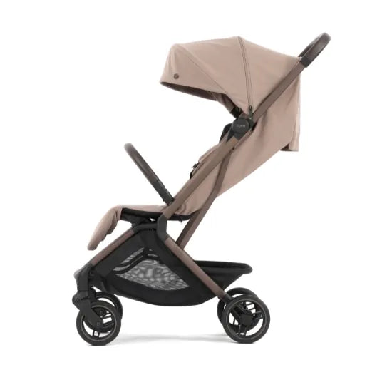 Oyster F-Lite Compact Stroller in Taupe, side view with seat upright and shopping basket below