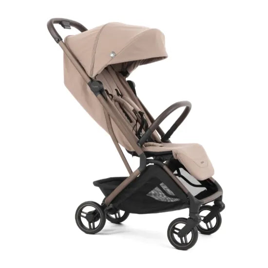 Oyster F-Lite Compact Stroller in Taupe, three-quarter view showing the hand-stitched leatherette handle and bumper bar