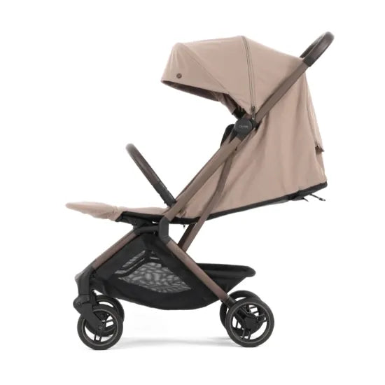 Oyster F-Lite Compact Stroller in Taupe, side view with seat reclined and canopy extended