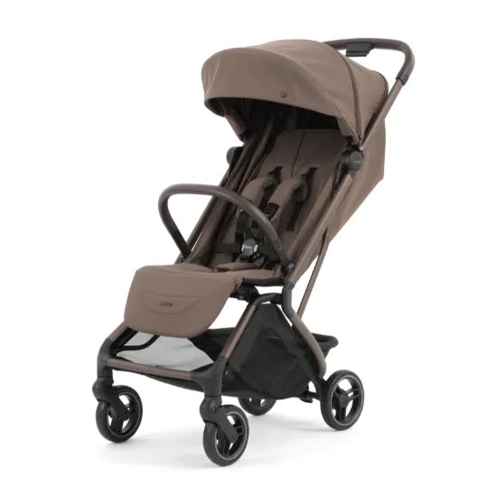 Oyster F-Lite Compact Stroller in Chocolate with regular wheels, bronze frame and brown leatherette handle