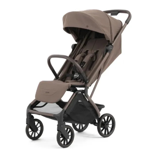 Oyster F-Lite Compact Stroller in Chocolate with large wheels, bronze frame and brown leatherette handle