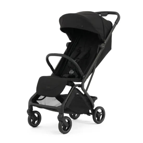 Oyster F-Lite Compact Stroller in Liquorice with regular wheels, black frame and extended UPF50+ canopy