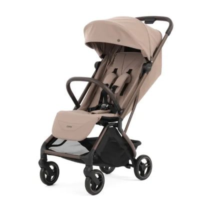 Oyster F-Lite Compact Stroller in Taupe with regular wheels, bronze frame and brown leatherette handle
