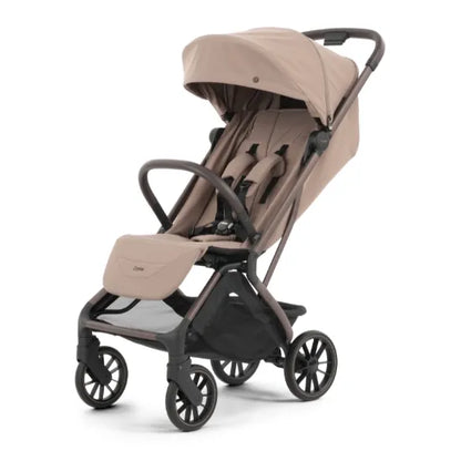 Oyster F-Lite Compact Stroller in Taupe with large wheels, bronze frame and brown leatherette handle