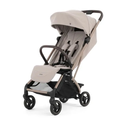 Oyster F-Lite Compact Stroller in Putty with regular wheels, champagne frame and brown leatherette handle