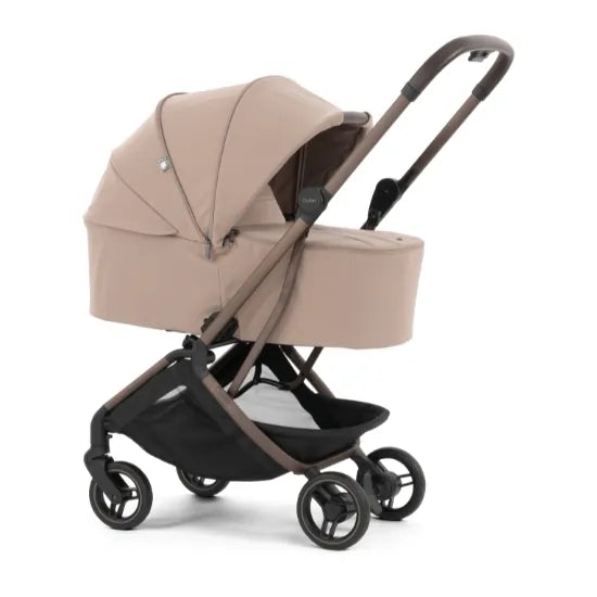 Oyster F-Lite in Taupe in carrycot mode with the UPF50+ carrycot canopy fully extended