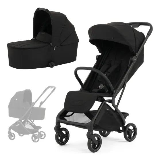 Oyster F-Lite Stroller with Carrycot in Liquorice, regular wheels, showing seat unit, carrycot and carrycot mode