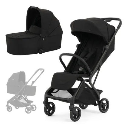 Oyster F-Lite Stroller with Carrycot in Liquorice, regular wheels, showing seat unit, carrycot and carrycot mode