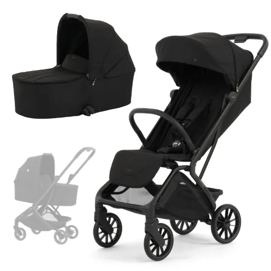Oyster F-Lite Stroller with Carrycot in Liquorice, large wheels, showing seat unit, carrycot and carrycot mode