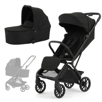 Oyster F-Lite Stroller with Carrycot in Liquorice, large wheels, showing seat unit, carrycot and carrycot mode