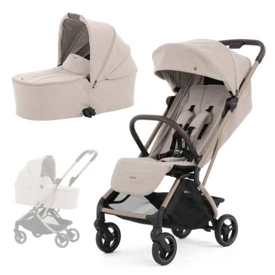 Oyster F-Lite Stroller with Carrycot in Putty, regular wheels, showing seat unit, carrycot and carrycot mode