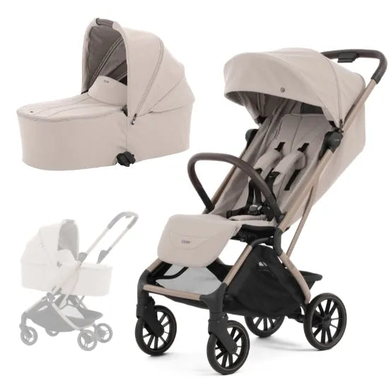 Oyster F-Lite Stroller with Carrycot in Putty, large wheels, showing seat unit, carrycot and carrycot mode