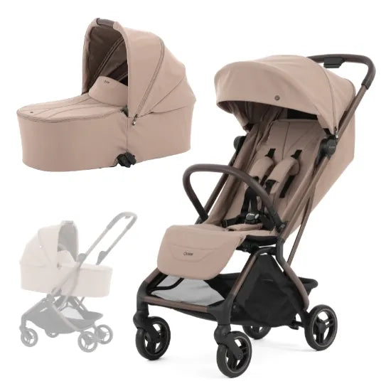 Oyster F-Lite Stroller with Carrycot in Taupe, regular wheels, showing seat unit, carrycot and carrycot mode