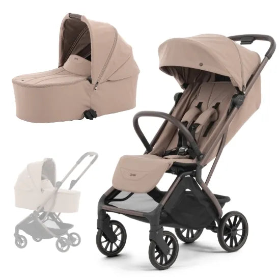 Oyster F-Lite Stroller with Carrycot in Taupe, large wheels, showing seat unit, carrycot and carrycot mode