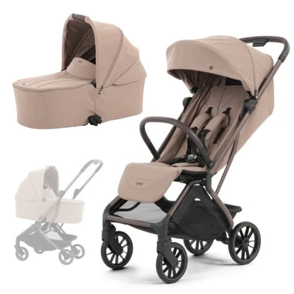Oyster F-Lite Stroller with Carrycot in Taupe, large wheels, showing seat unit, carrycot and carrycot mode