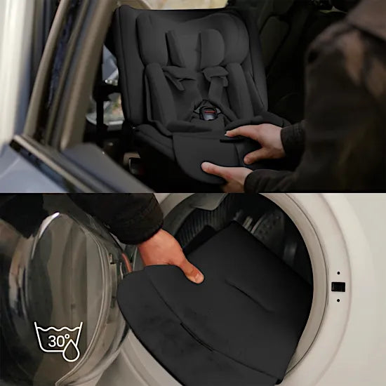 Removing the Silver Cross Motion 3 Hydro Protect liner from the car seat and machine washing it at 30 degrees