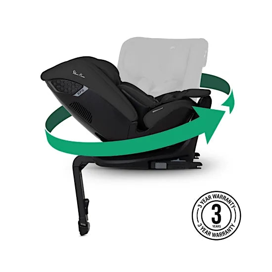 Silver Cross Motion 3 in Iconic Black rotating 360 degrees on its ISOFIX base with support leg, 3 year warranty