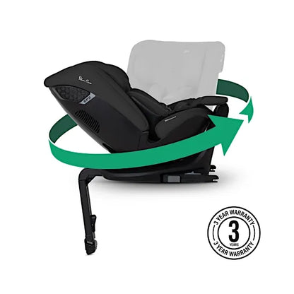 Silver Cross Motion 3 in Iconic Black rotating 360 degrees on its ISOFIX base with support leg, 3 year warranty