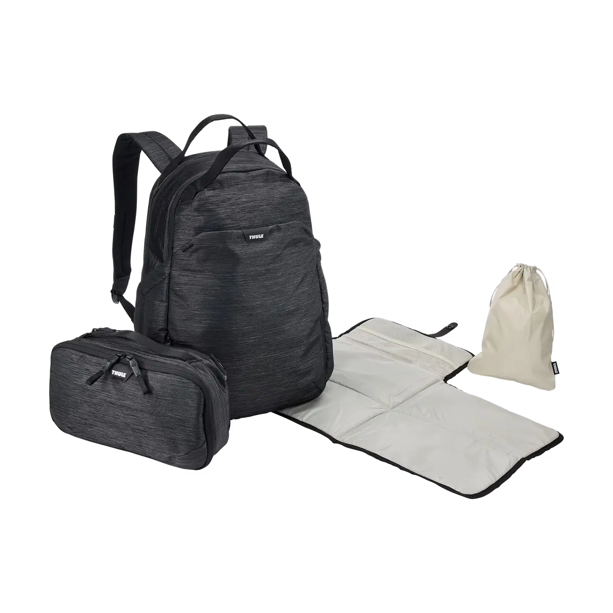 Thule Changing Backpack with removable pod, padded changing mat and soil bag laid out