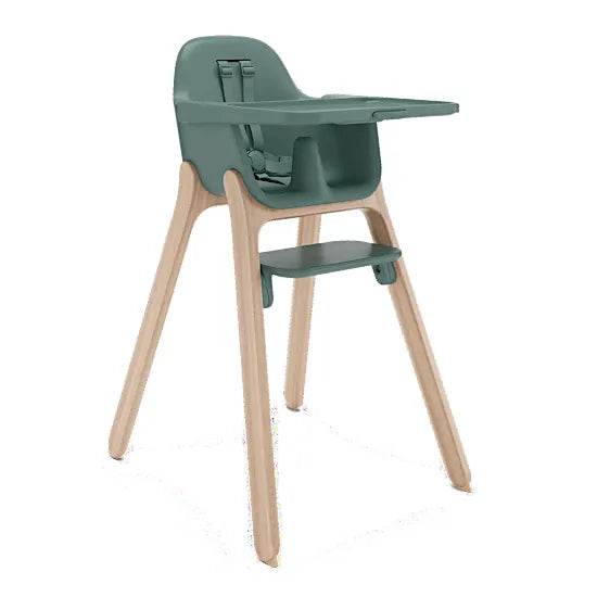 UPPAbaby Ciro V2 High Chair in Betsy spruce green with natural wood legs and tray attached